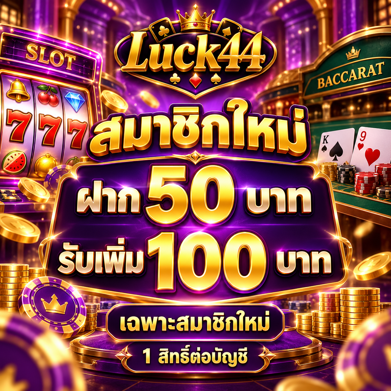 โปรโมชั่นสมาชิกใหม่ฝาก 50 รับเพิ่ม 100 บาท luck44